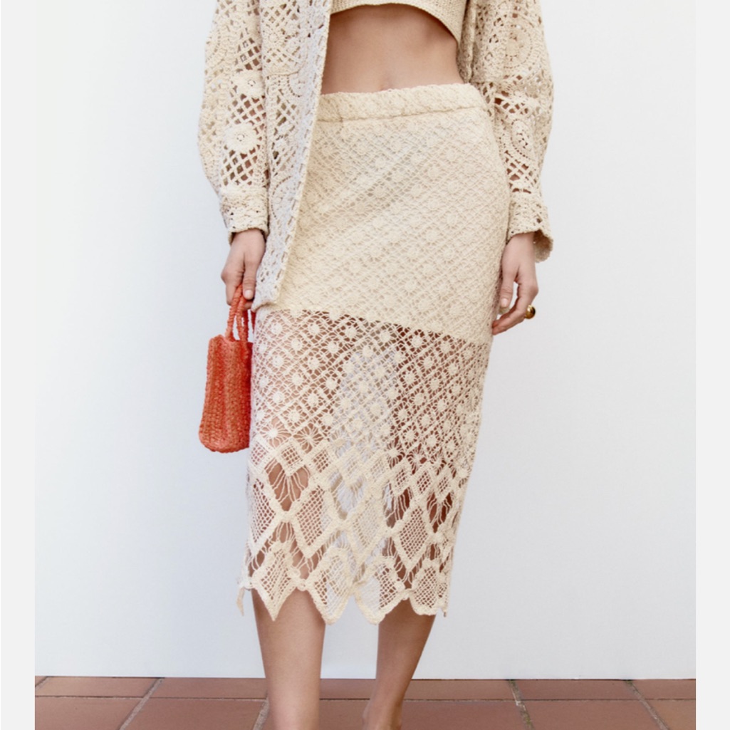 Zara Limited Edition Straight Crochet Cream Lace Midi Skirt